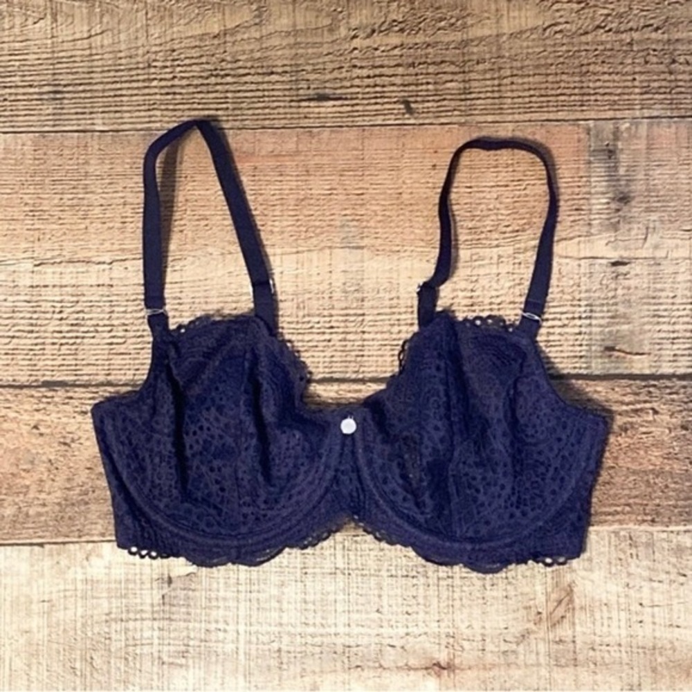 Birdsong Navy‎ Blue Floral Lace Unlined Underwire Balconette Bra 34C A10124